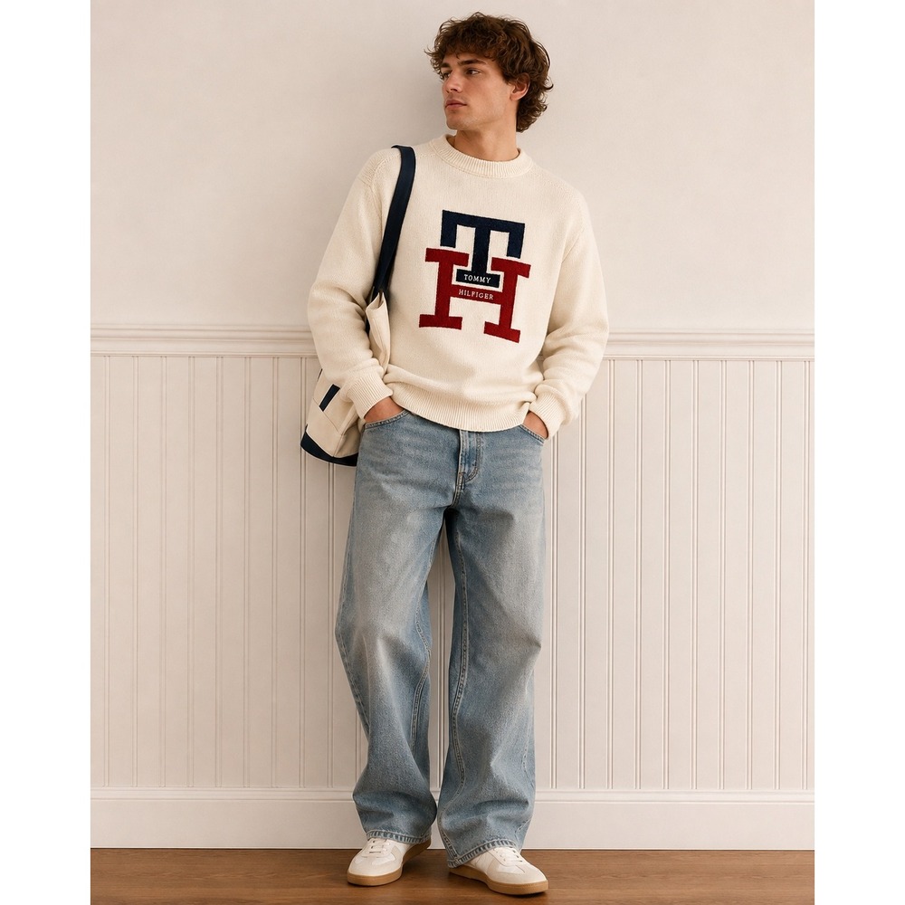 Tommy Hilfiger Monogram Applique Cream Knit Sweater